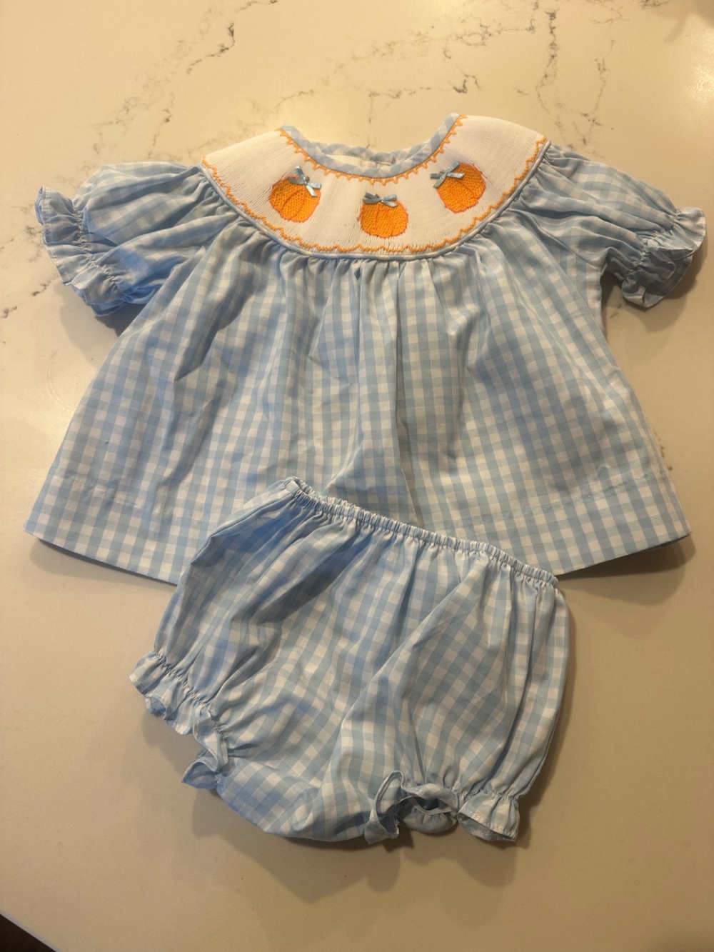 Children's Light Blue Gingham Pumpkin Smocked Two-Piece Outfit. 18 month